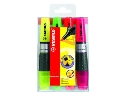 SURLIGNEUR STABILO LUMINATOR TRAC 2/5MM ENCRE LIQUIDE NIVEAU VISIBLE BASE ERGONOMIQUE POCHETTE 4 UNITS