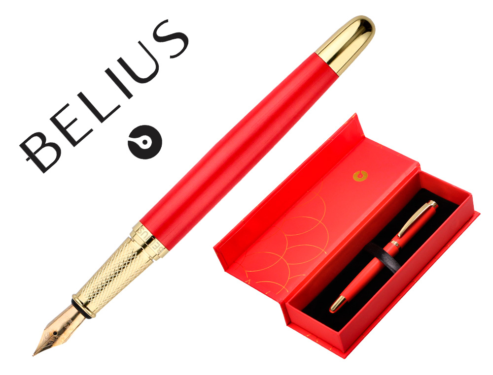 STYLO-PLUME BELIUS PASSION ALUMINIUM BROSSE ATTRIBUTS OR ENCRE BLEUE COLORIS ROUGE     DANS COFFRET CADEAU