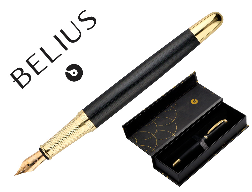 STYLO-PLUME BELIUS PASSION ALUMINIUM BROSSE ATTRIBUTS OR ENCRE BLEUE COLORIS NOIR DANS COFFRET CADEAU
