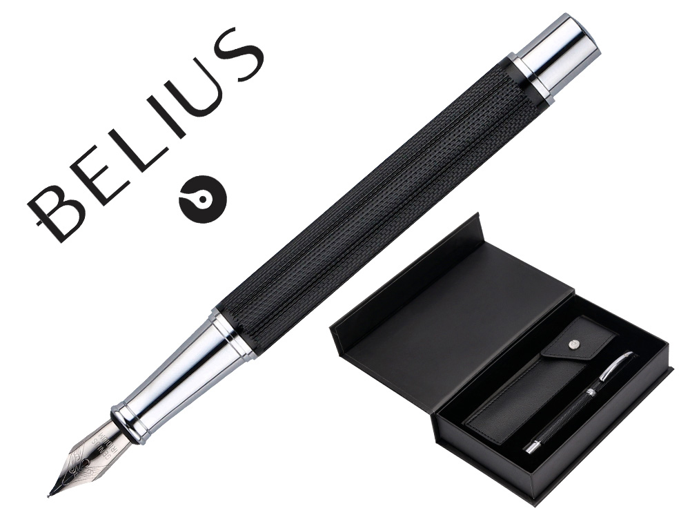 STYLO-PLUME ETUI SIMILI CUIR BELIUS TURBO ALUM. TEXTURE POINTILLEE ATTRIBUTS ARGENT ENCRE BLEUE COL. NOIR COFFRET CADEAU