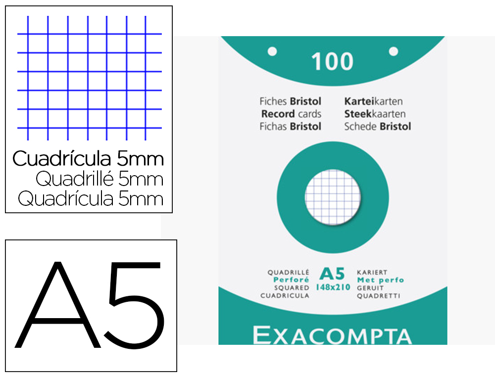 ETUI 100 FICHES EXACOMPTA BRISTOL QUADRILLEE 5X5        PERFORATION EN HAUT BLANC     148X210 MM