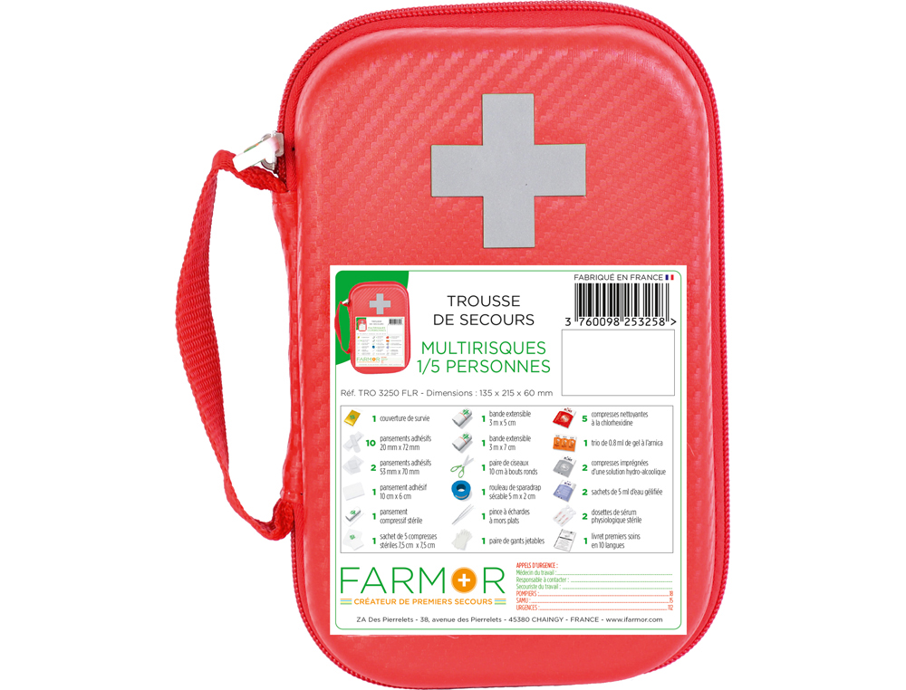 TROUSSE DE SECOURS FARMOR UNIVERSELLE 1 A 5 PERSONNES   CEINTURE SANGLE MULTI POCHES  DE RANGEMENT COLORIS ROUGE
