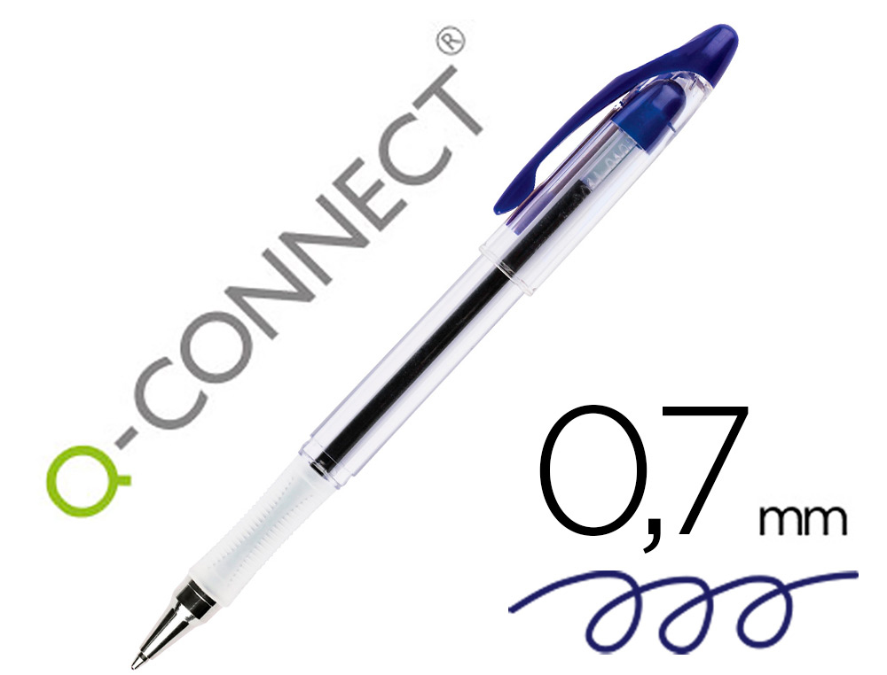 STYLO-BILLE Q-CONNECT TRANSPARENT TRAIT 0.4MM POINTE MOYENNE 0.7MM ENCRE DOUCE GRIP CAOUTCHOUC COLORIS BLEU