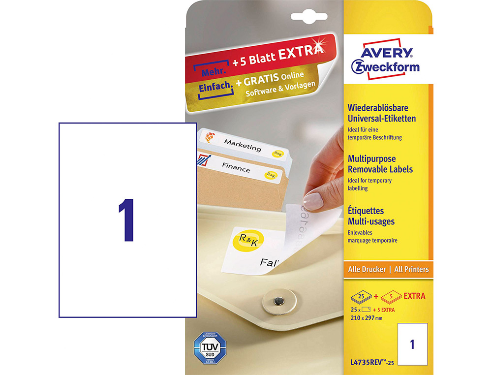 ETIQUETTE ENLEVABLE AVERY ILC BLANC 210 X 297 MM BOITE DE 25