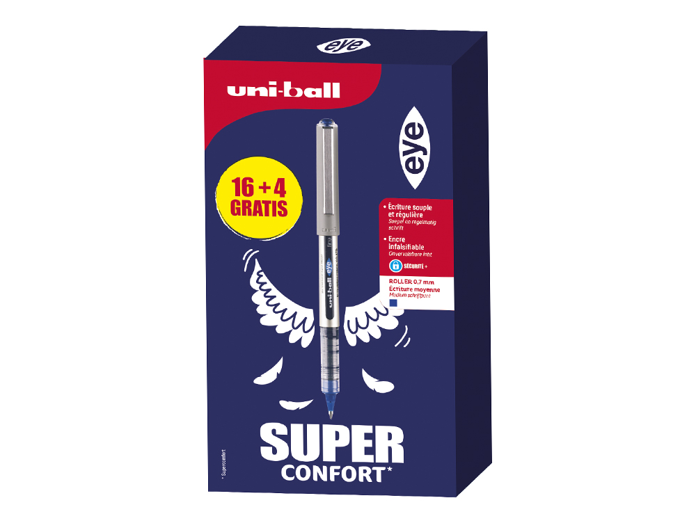 ROLLER UNIBALL EYE POINTE METAL ECRITURE FINE BOITE DE 16 + 4 ROLLERS GRATUITS BLEU
