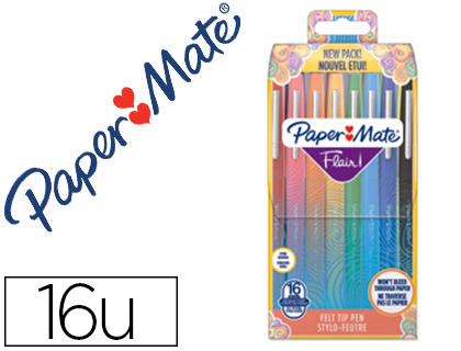 STYLO-FEUTRE PAPER MATE FLAIR TROPICAL POINTE MOYENNE 1MM LONGUE DURE DE VIE POCHETTE 16 COLORIS ASSORTIS