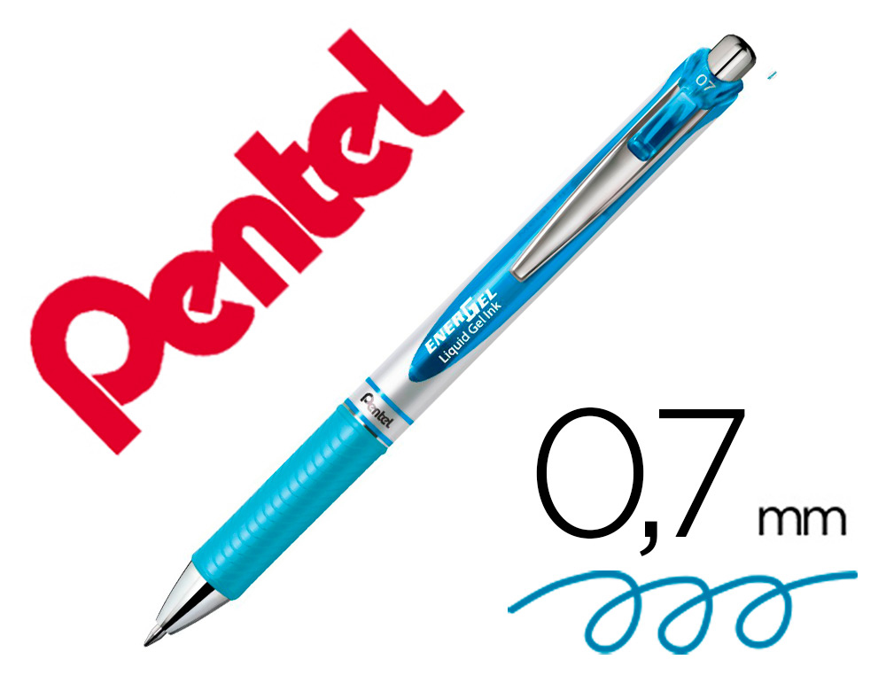 ROLLER PENTEL ENERGEL RETRACTABLE RECHARGEABLE      POINTE METAL FINE 0,7MM CLIP  METAL COLORIS BLEU CIEL