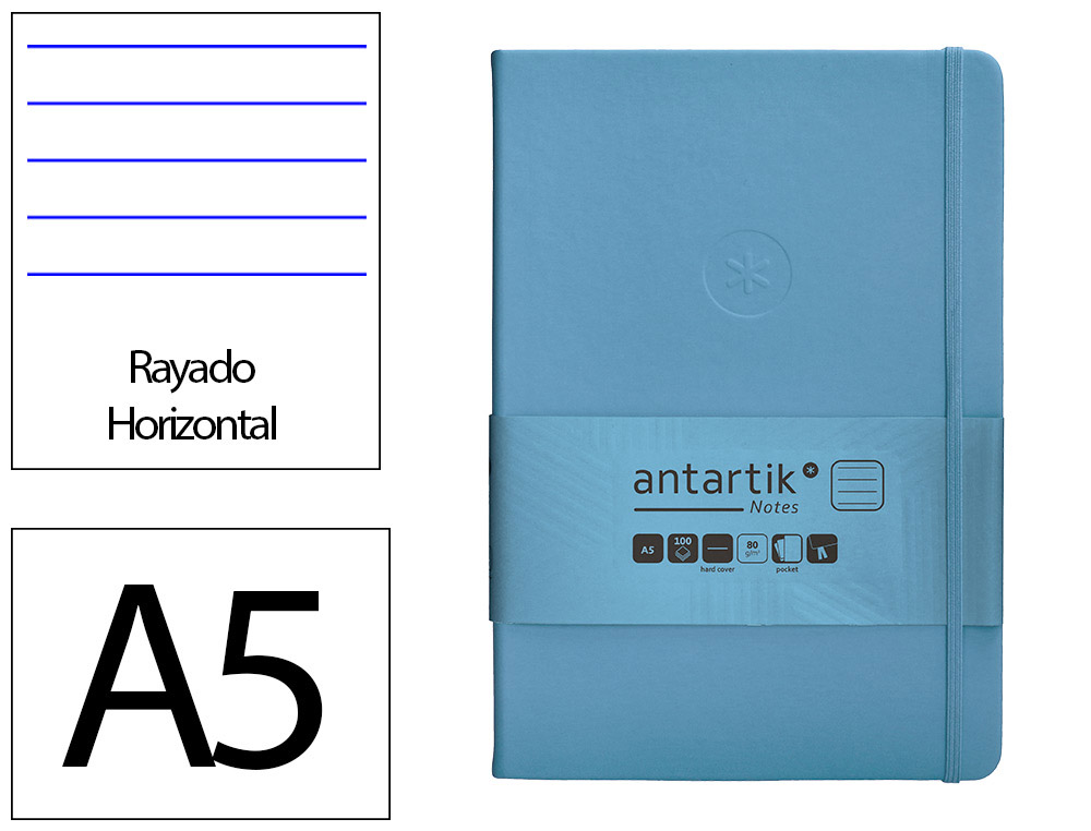 CARNET FERMETURE ELASTIQUE ANTARTIK NOTES COUVERTURE     RIGIDE A5 LIGNE 100 FEUILLES  80GR FSC COLORIS BLEU CIEL