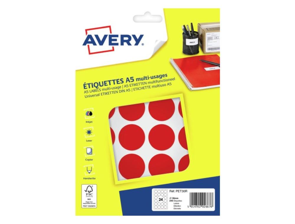 PASTILLE ADH. D30 S/240 ROUGE1PASTILLE ADHESIVE IMPRIMABLE - AVERY - DIAMETRE 30MM ROUGE - SACHET DE 240