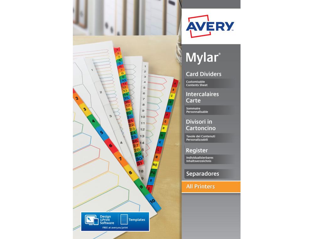 INTERC.A4+ ALPHA MYLAR 20 TOUCINTERCALAIRES CARTE MYLAR - AVERY - A4+ 20 TOUCHES ALPHABETIQUES