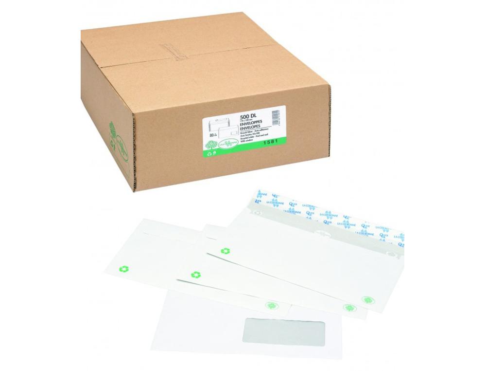 ENV.BL REC.110X220 BDP80G F45BBOITE 500 ENVELOPPES DL (110x220mm) GPV GREEN - 80 G - FENTRE 45 RECYCLES BLANCHES