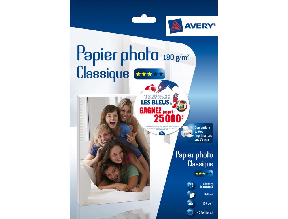 AVERY PAPIER PHOTO 180G A4 40FLOT DE 40 FEUILLES PAPIER PHOTO CLASSIQUE BRILLANT 180G AVERY