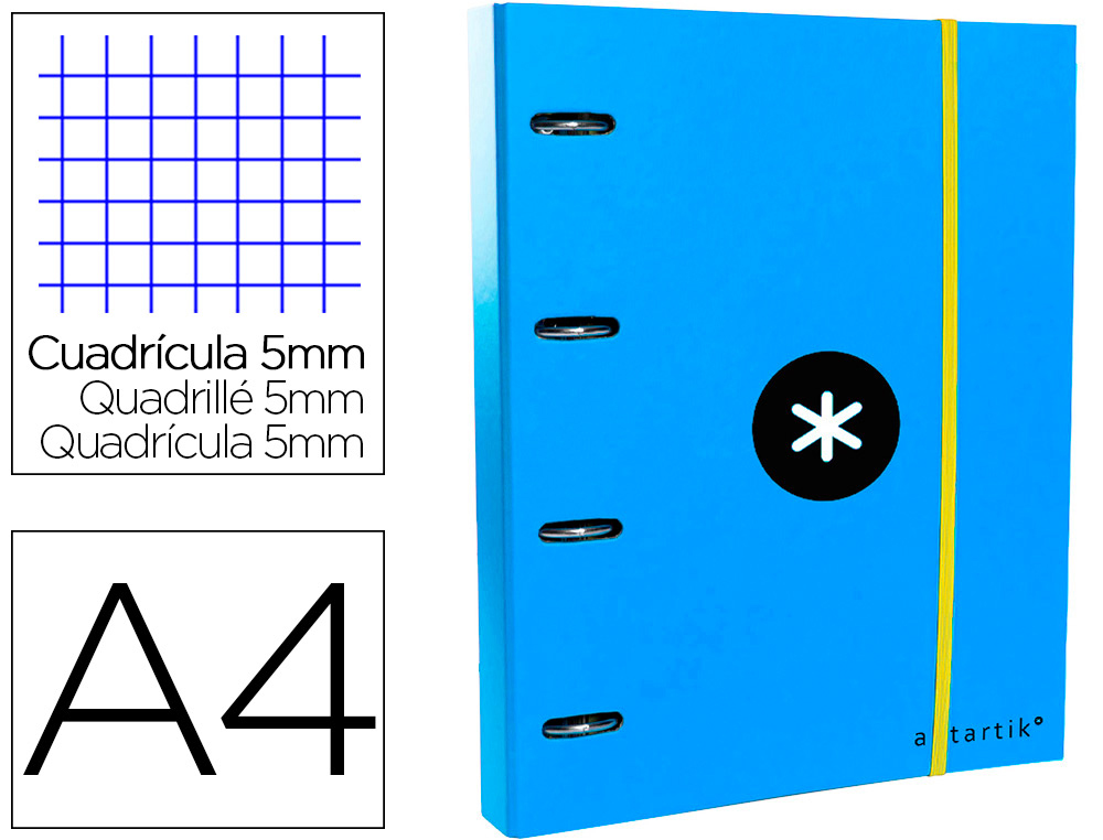 CLASSEUR ANTARTIK 4 ANNEAUX RONDS 40MM A4 CARTON REMBORDE FEUILLETS MOBILES QUADRILLAGE 5MM COLORIS BLEU