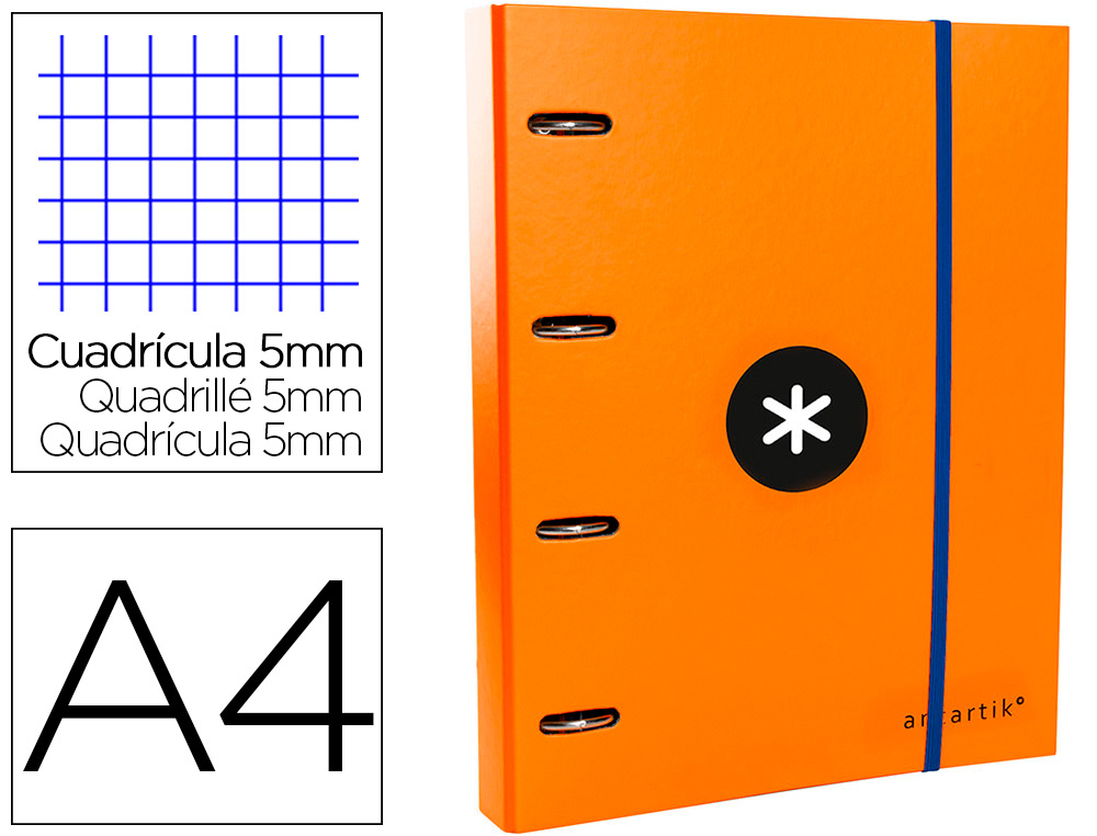 CLASSEUR ANTARTIK 4 ANNEAUX RONDS 40MM A4 CARTON REMBORDE FEUILLETS MOBILES QUADRILLAGE 5MM COLORIS ORANGE