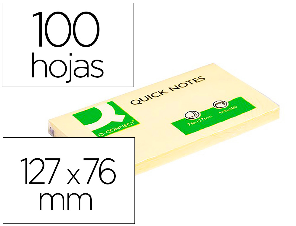 BLOC-NOTES Q-CONNECT QUICK NOTES 76X127MM 1 BLOC 100F REPOSITIONNABLES COLORIS JAUNE