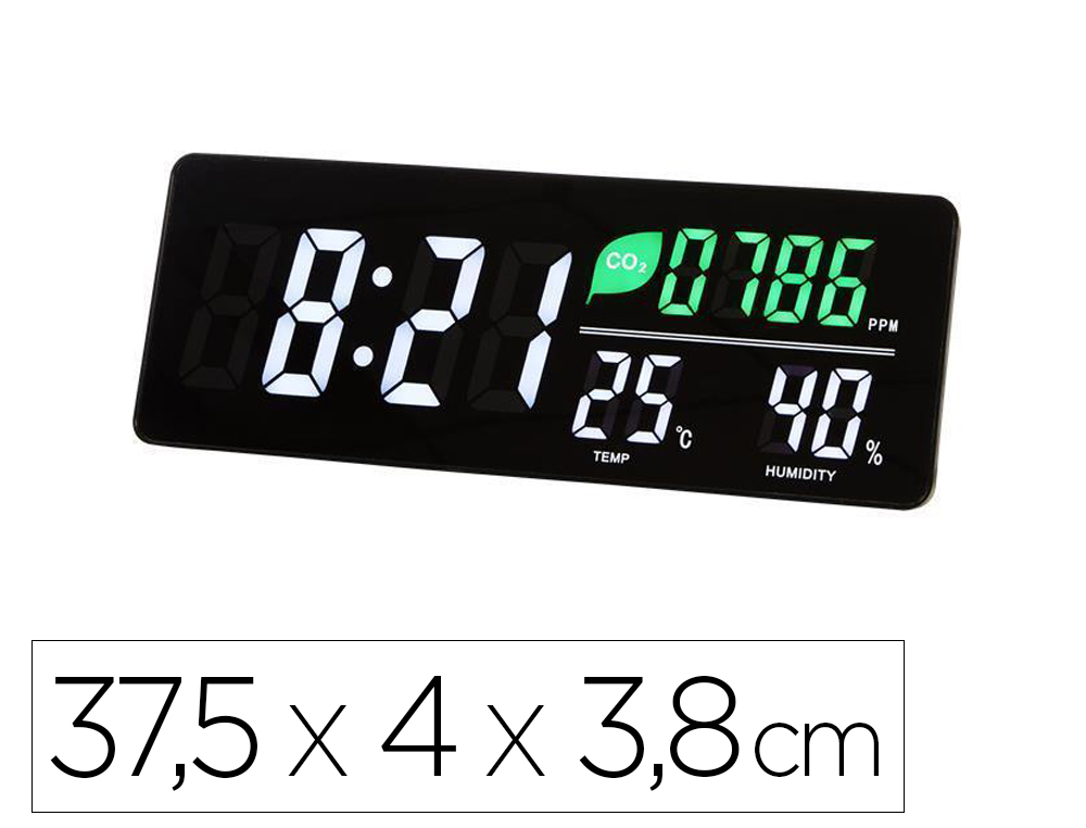 HORLOGE LED MURALE OU A POSER AVEC CAPTEUR CO2, TEMPERATURE ET HUMIDITE 37,5X4X3,8C,