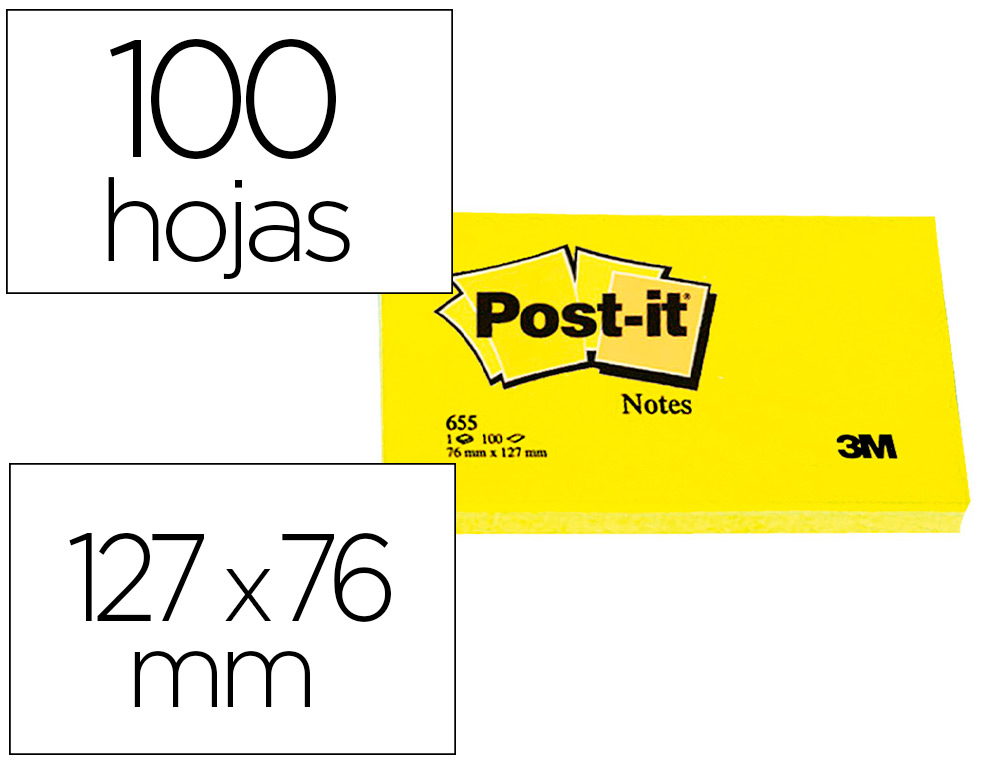 BLOC-NOTES POST-IT 655 76X127MM 100F/BLOC REPOSITIONNABLES COLORIS JAUNE