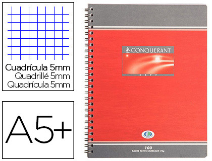 CAHIER CONQURANT SEPT RELIURE INTGRALE COUVERTURE OFFSET A5+ 17X22CM 100 PAGES 70G 5X5MM