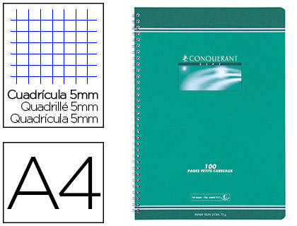 CAHIER CONQURANT SEPT RELIURE INTGRALE COUVERTURE OFFSET A4 21X29,7CM 100 PAGES 70G 5X5MM