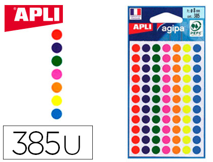 PASTILLE ADHSIVE APLI AGIPA DIAMTRE 8 MM COLORIS ASSORTIS POCHETTE 385 UNITS