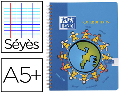 CAHIER DE TEXTES SPIRALE OXFORD COUVERTURE PELLICULE RELIURE INTGRALE A5+ 17X22CM 148 PAGES 90G SYS COLORIS ASSORTIS