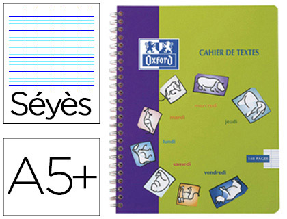 CAHIER DE TEXTES SPIRALE OXFORD COUVERTURE POLYPROPYLNE RELIURE INTGRALE 17X22CM 148 PAGES 90G SYS COLORIS FANTAISIE